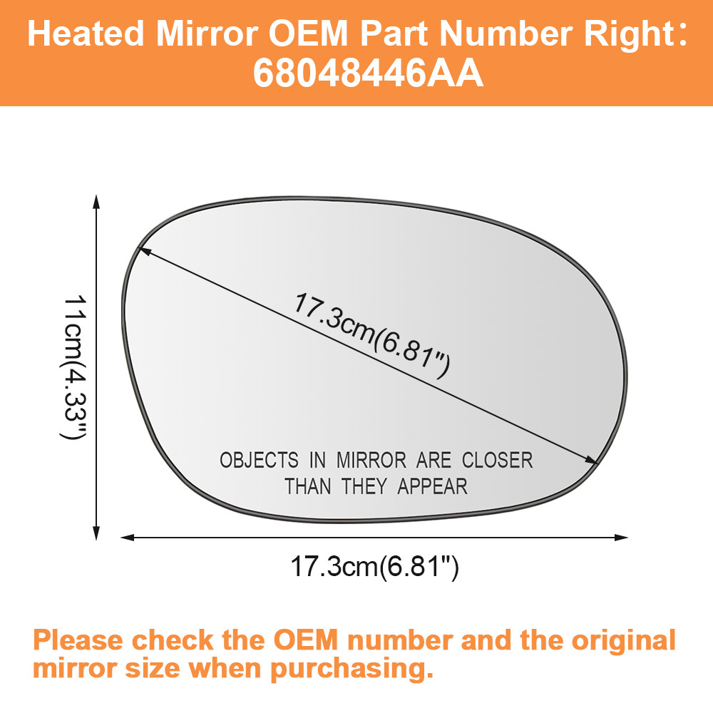 Side Heated Mirror Glass Replacement for 2008 2009 2010 2011 2012 2013 2014 2015 Dodge Challenger 68048447AA 68048446AA