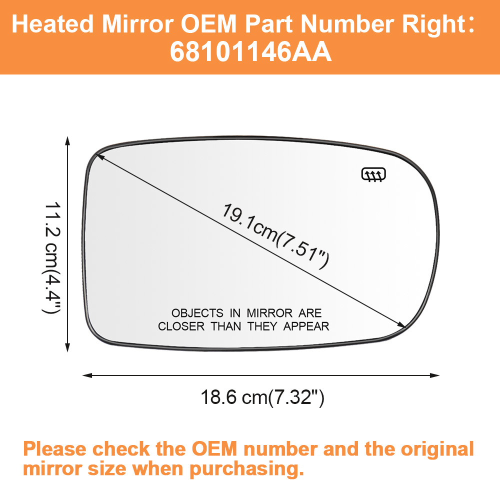 Side Heated Mirror Glass Replacement for Chrysler 200 2011-2014 Chrysler 300 2012-2021 Dodge Charger 2011-2021 Replace 68101147AA 68101146AA