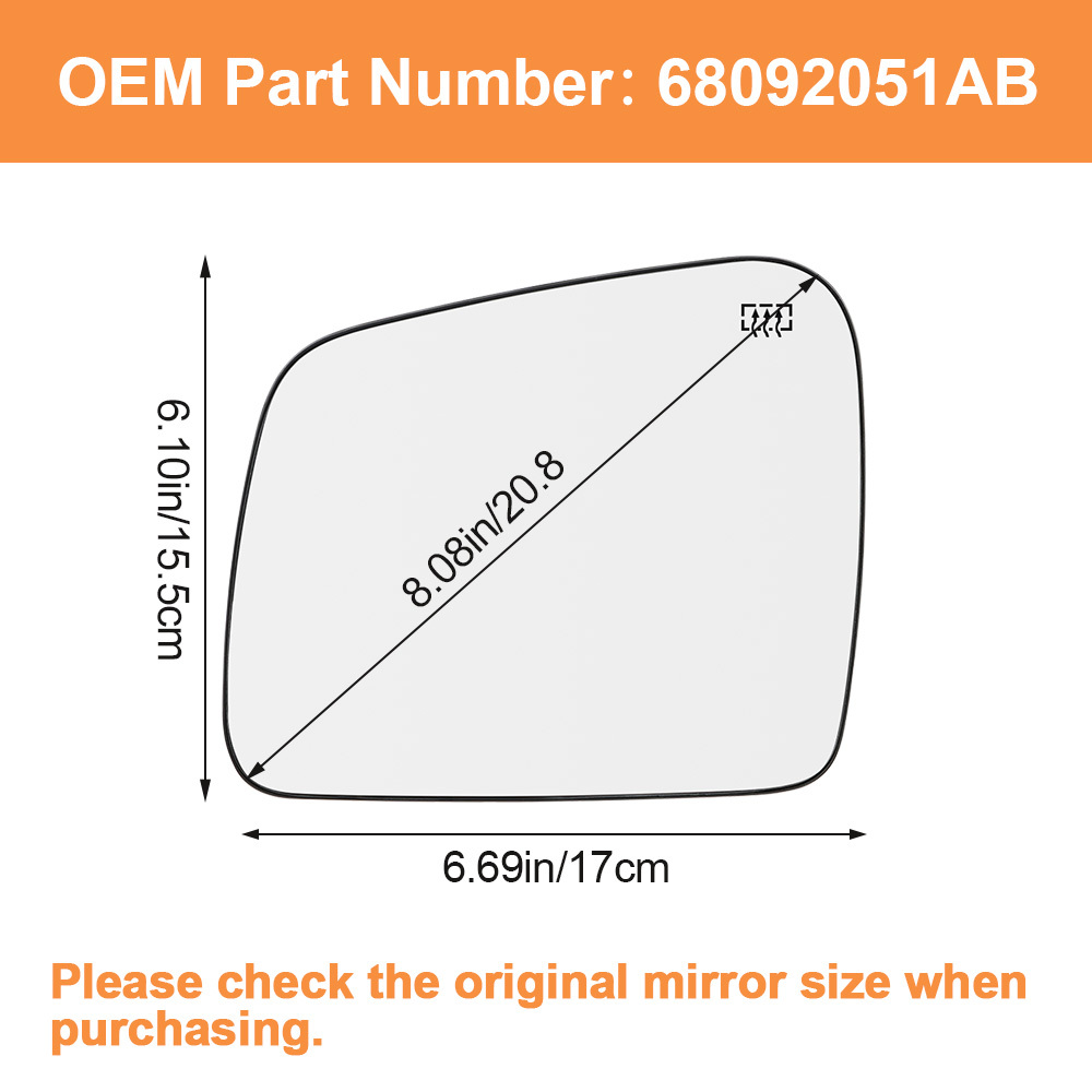 Side Mirror Glass with Heated Replacement for Jeep Grand Cherokee 2011 2012 2013 2014 2015 2016 2017 2018 Side View Flat Mirror Replaces 68092051AB 68082636AB