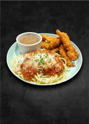 Fried Chicken Fingers and Beef Bolognese