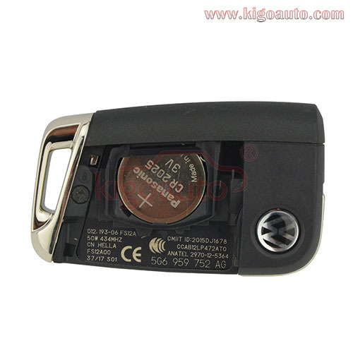 PN 5G6 959 752 AG flip remote key 3 button 433Mhz for VW Golf 7 2013 2014- Without KESSY