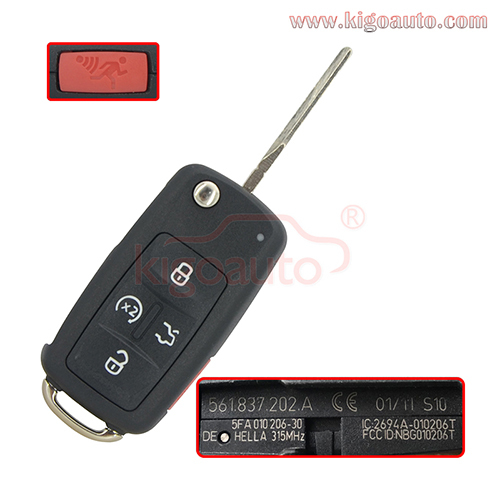 PN 561837202A flip remote key 5 button 315mhz for 2017 Volkswagen Beetle Passat  Jetta  FCC NBG010206T