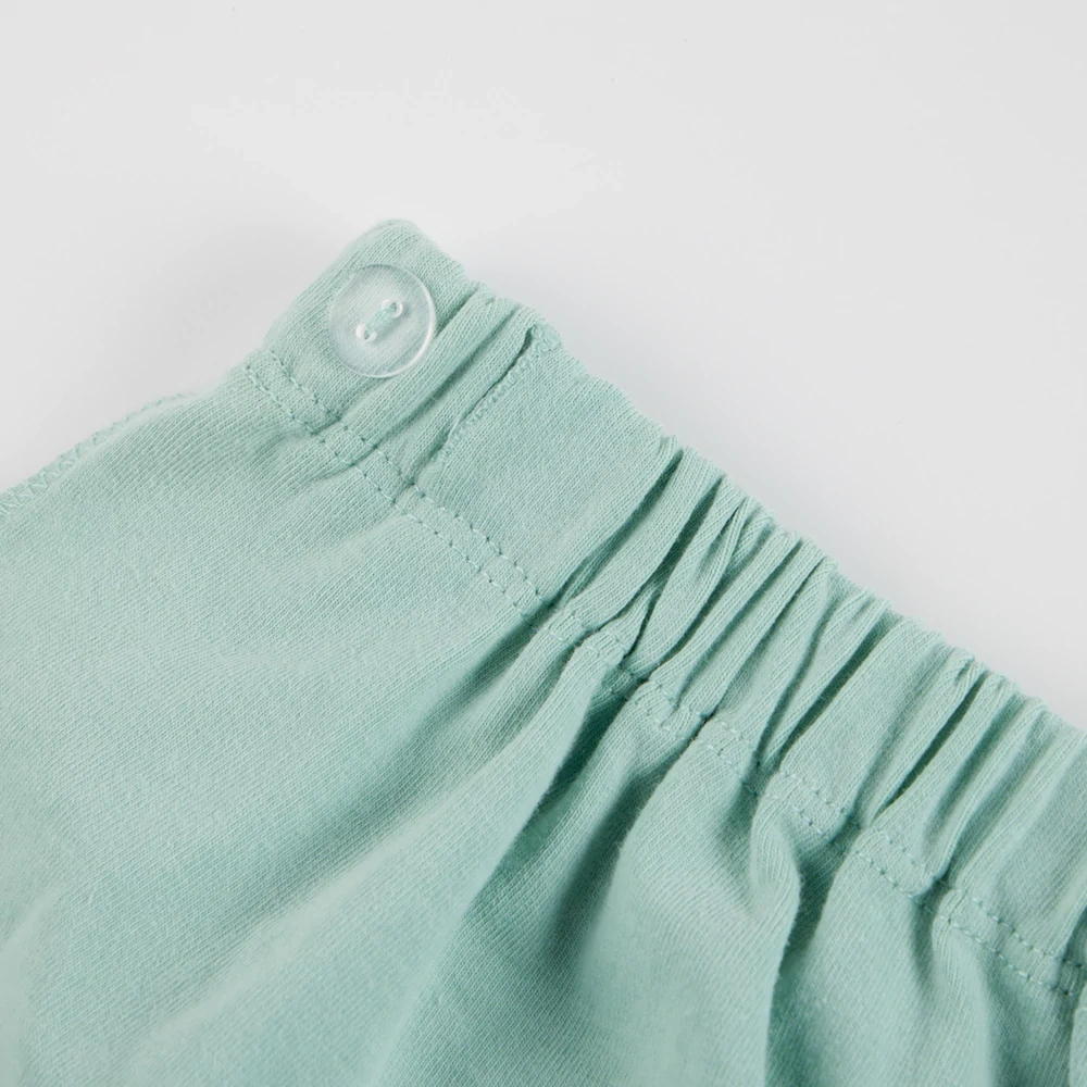 Organic cotton plant-dyed baby bloomer shorts with soft waistband and gathered leg openings