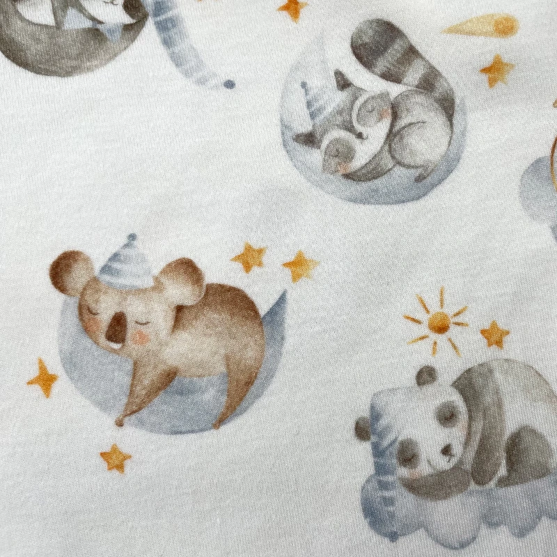 Close-up print of bamboo cotton fabric on baby romper