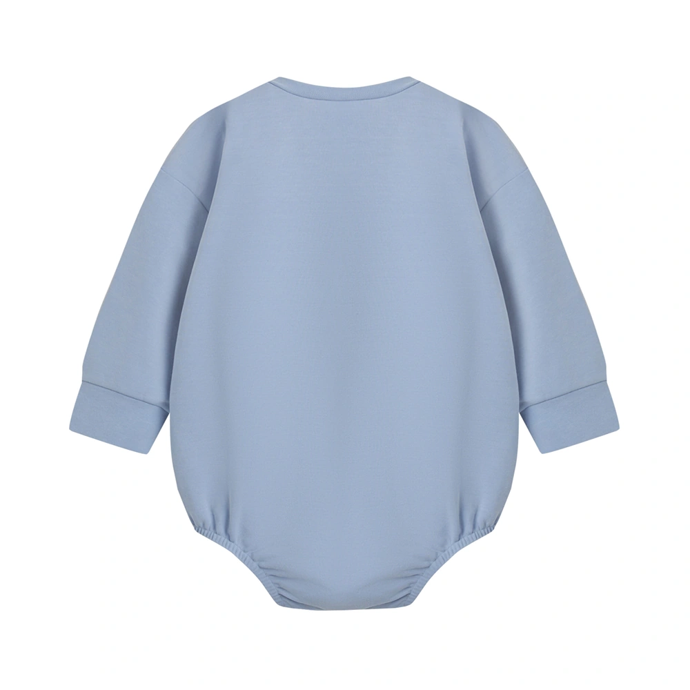 Rear view of natural baby blue long sleeve bodysuit