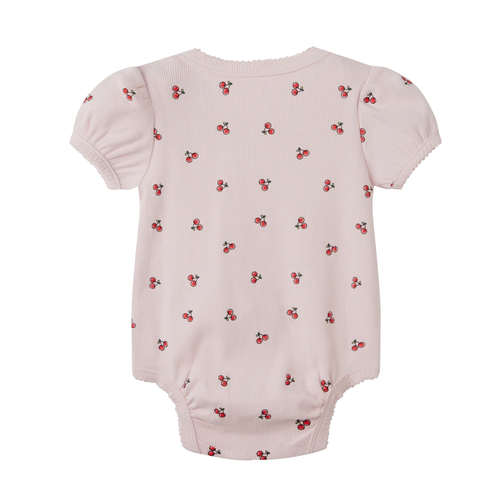Baby girl puff-sleeve cherry-print bodysuit in plant-dyed organic cotton