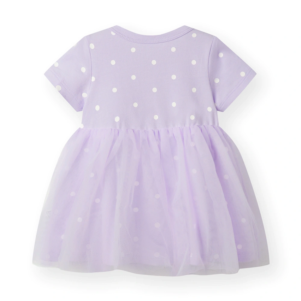 Baby girl dot-print jersey dress with recycled tulle skirt (plant-dyed organic cotton body)