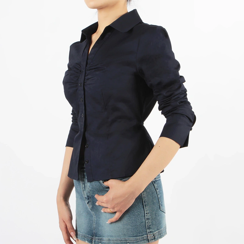 SENSENG APPAREL women’s long sleeve gathered front collared cotton shirt, button-up blouse for office and casual wear