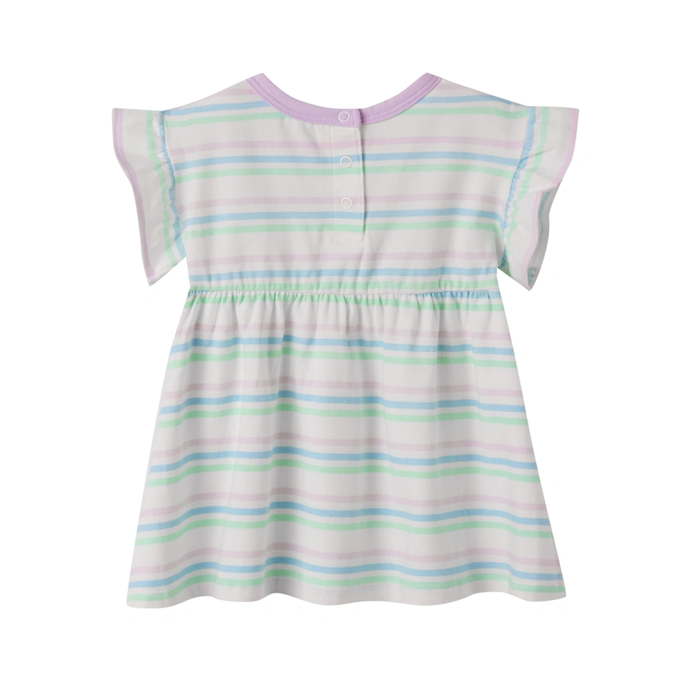 Ruffle-sleeve stripe baby dress, plant-dyed base, water-based stripes