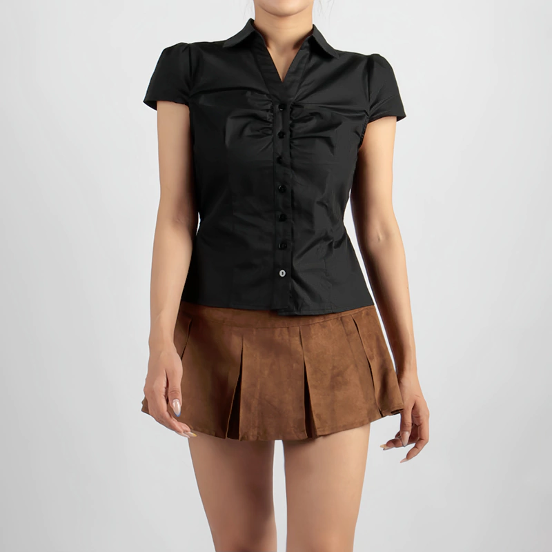 Senseng Gathered Front Collared Neck Short Sleeve Shirt