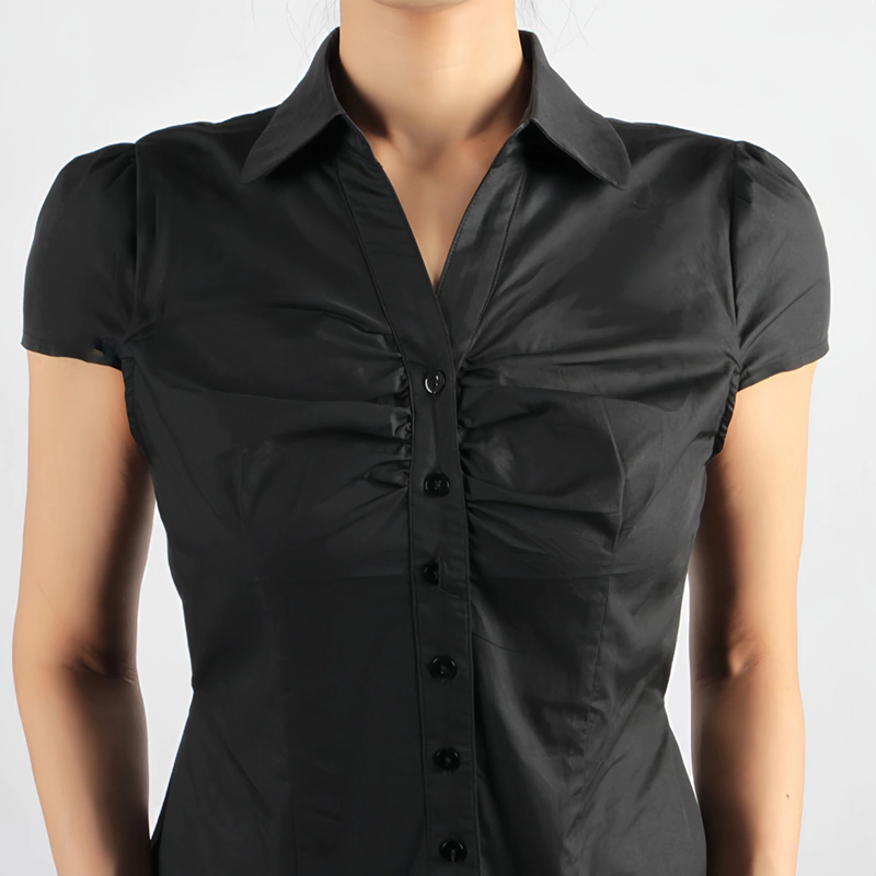 Senseng Gathered Front Collared Neck Short Sleeve Shirt