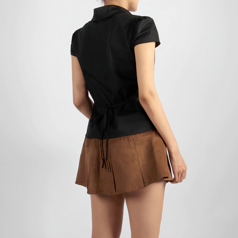 Senseng Gathered Front Collared Neck Short Sleeve Shirt