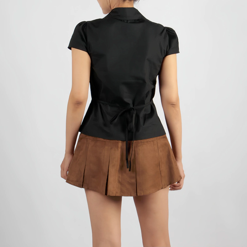 Senseng Gathered Front Collared Neck Short Sleeve Shirt
