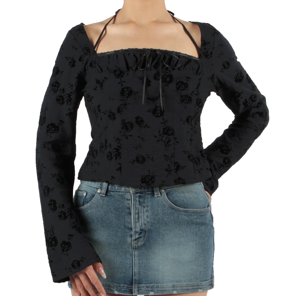 Senseng Long Sleeve Square Neck Lace Tape Halter Top