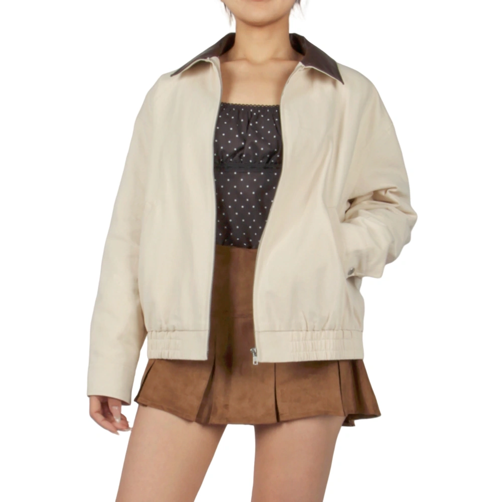 Senseng Relaxed-Fit  Contrast PU Collar Jacket