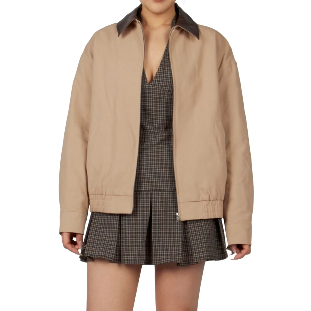 Senseng Relaxed-Fit  Contrast PU Collar Jacket