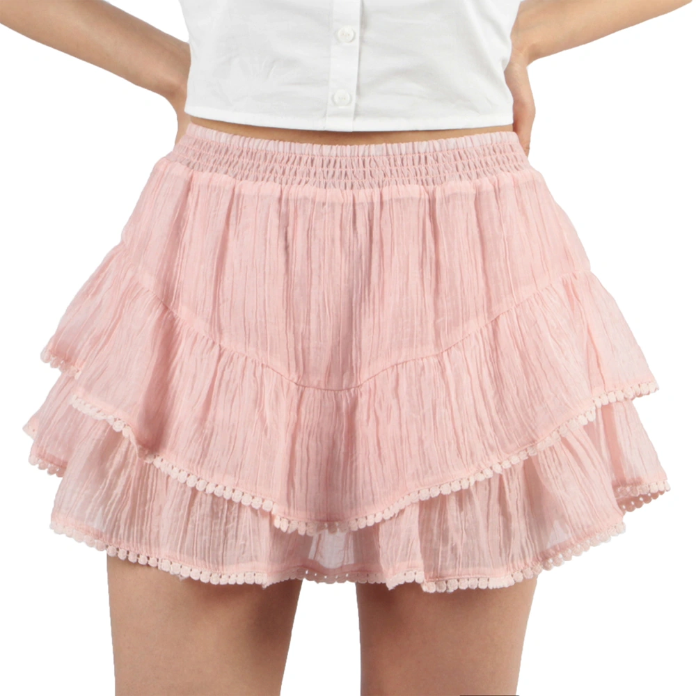 SENSENG APPAREL women's shirred-waist mini skort skirt with lace trim and hidden shorts, beige boho festival skort