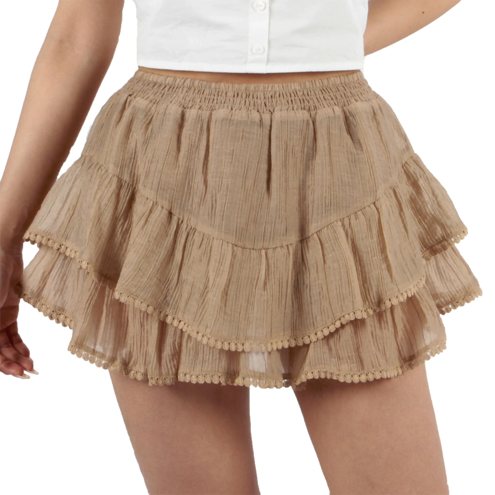 SENSENG APPAREL women's shirred-waist mini skort skirt with lace trim and hidden shorts, beige boho festival skort