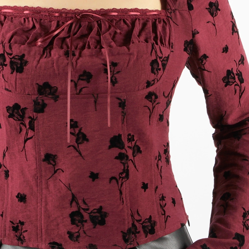 Senseng Long Sleeve Square Neck Lace Tape Halter Top