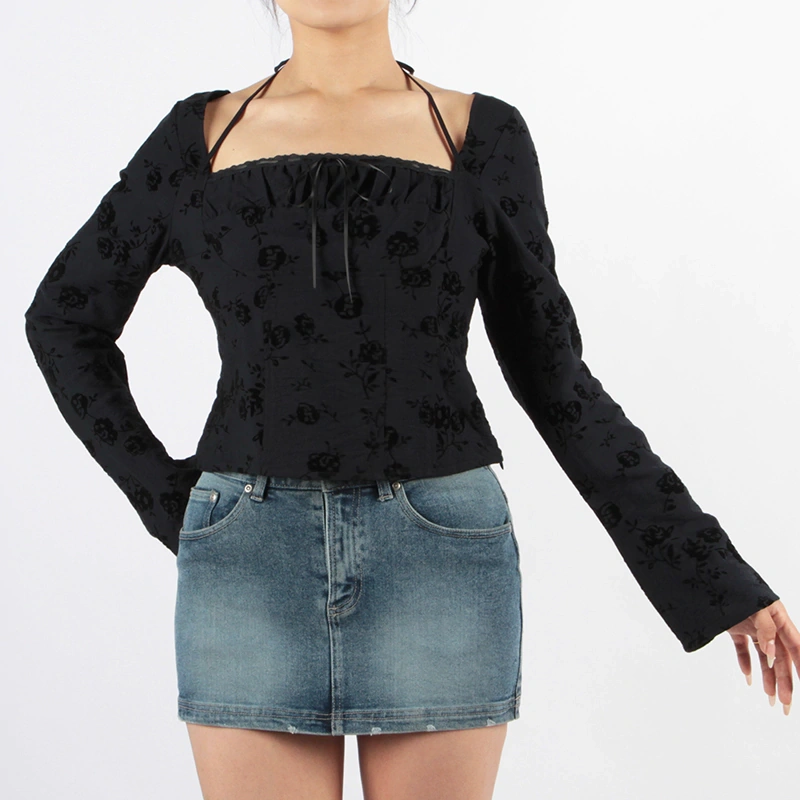 Senseng Long Sleeve Square Neck Lace Tape Halter Top