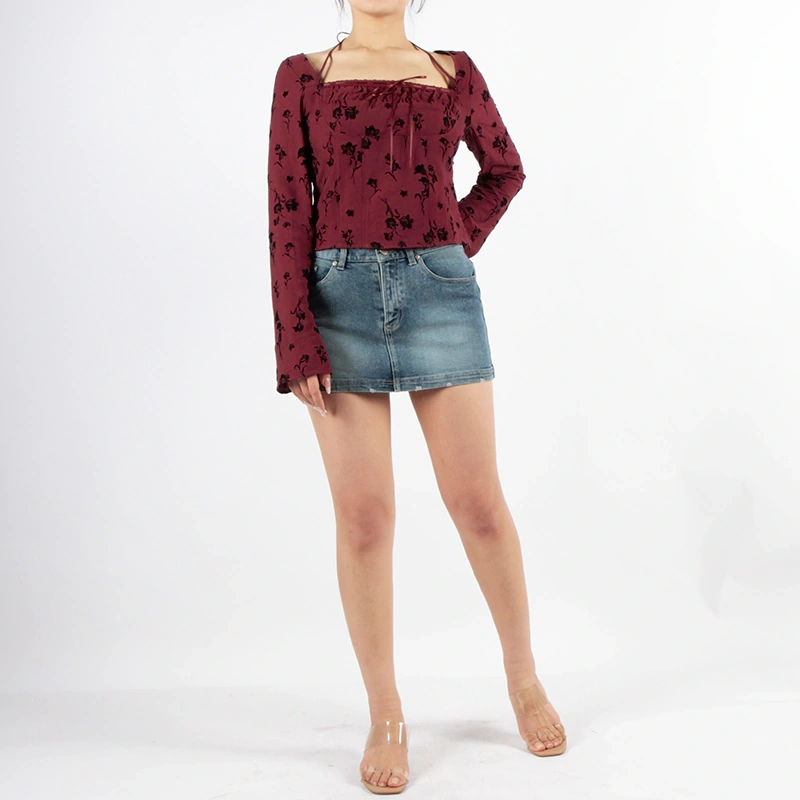 Senseng Long Sleeve Square Neck Lace Tape Halter Top