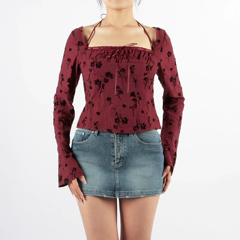 Senseng Long Sleeve Square Neck Lace Tape Halter Top