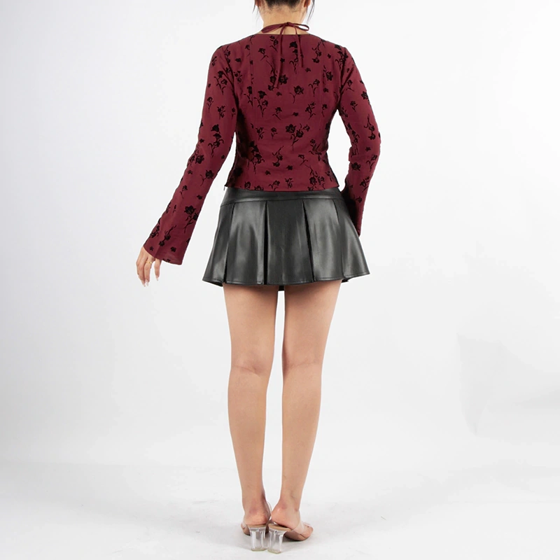 Senseng Long Sleeve Square Neck Lace Tape Halter Top