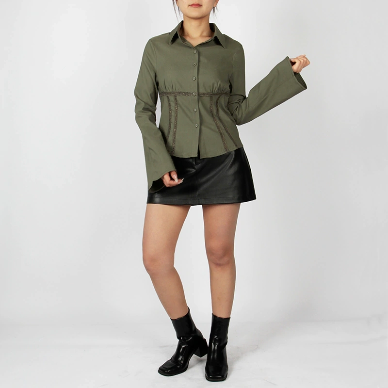 Senseng Apparel white lace trim rayon blend blouse, long sleeve