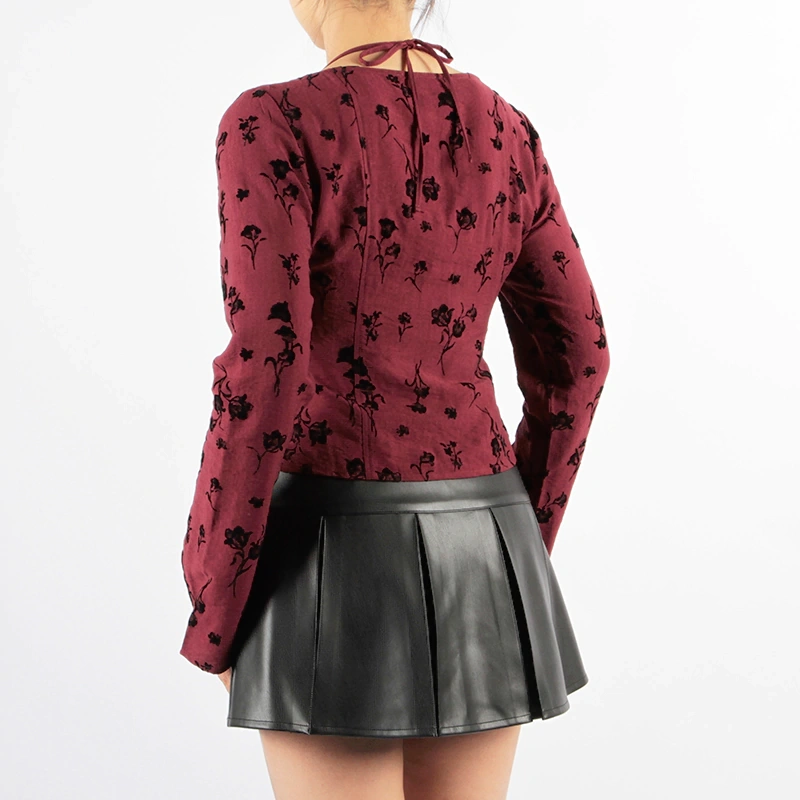 Senseng Long Sleeve Square Neck Lace Tape Halter Top