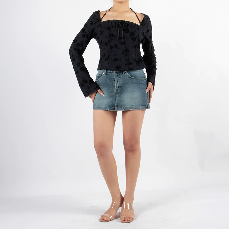 Senseng Long Sleeve Square Neck Lace Tape Halter Top