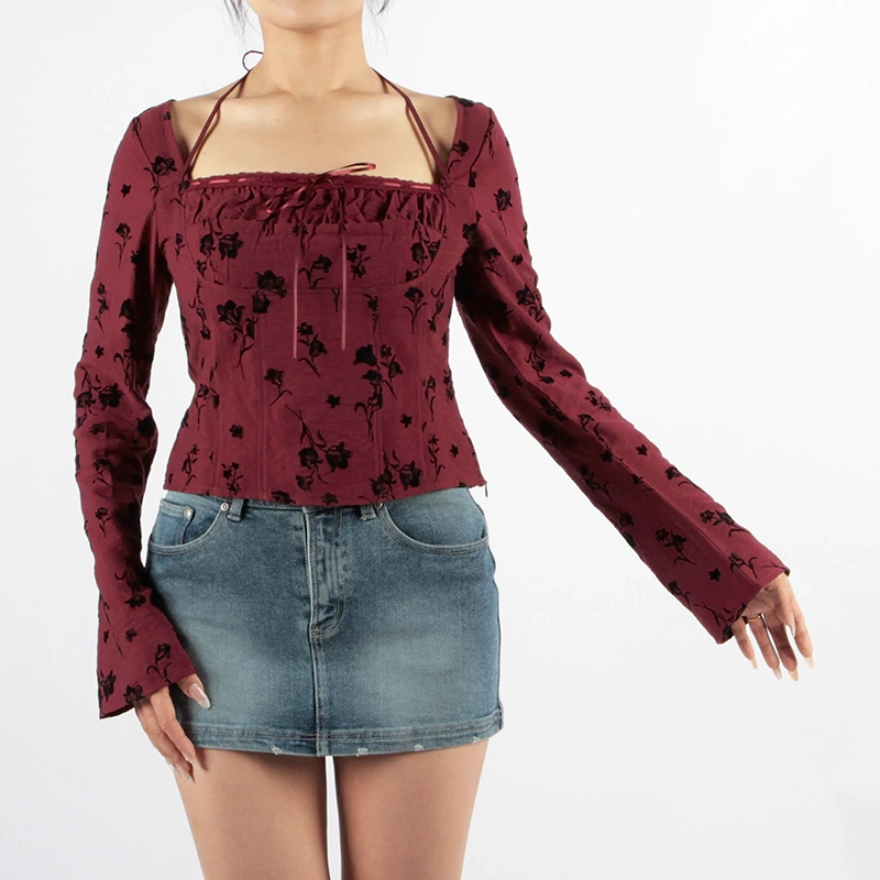 Senseng Long Sleeve Square Neck Lace Tape Halter Top