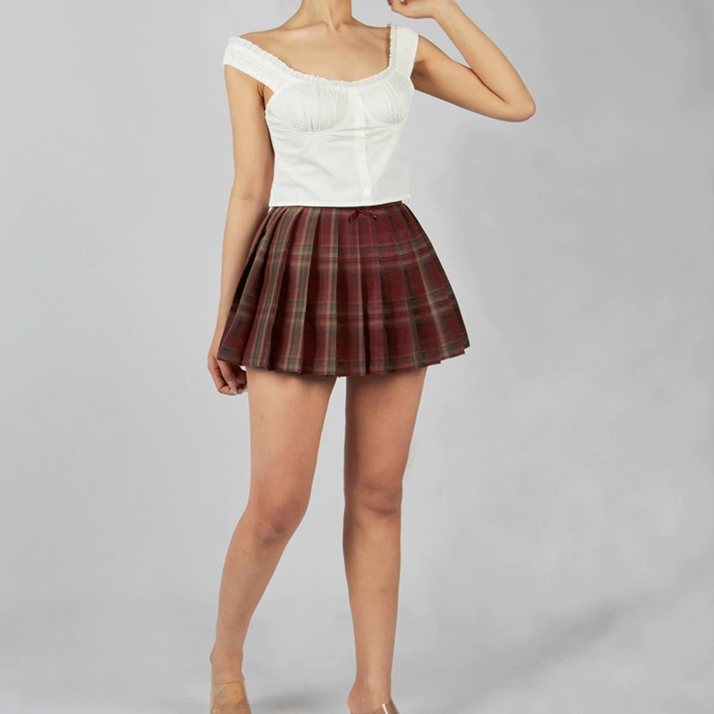 Women Girls Plaid Pleated Skirts with Short A-line Mini Skater Skirt