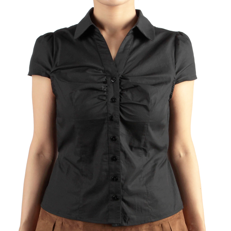 Senseng Gathered Front Collared Neck Short Sleeve Shirt