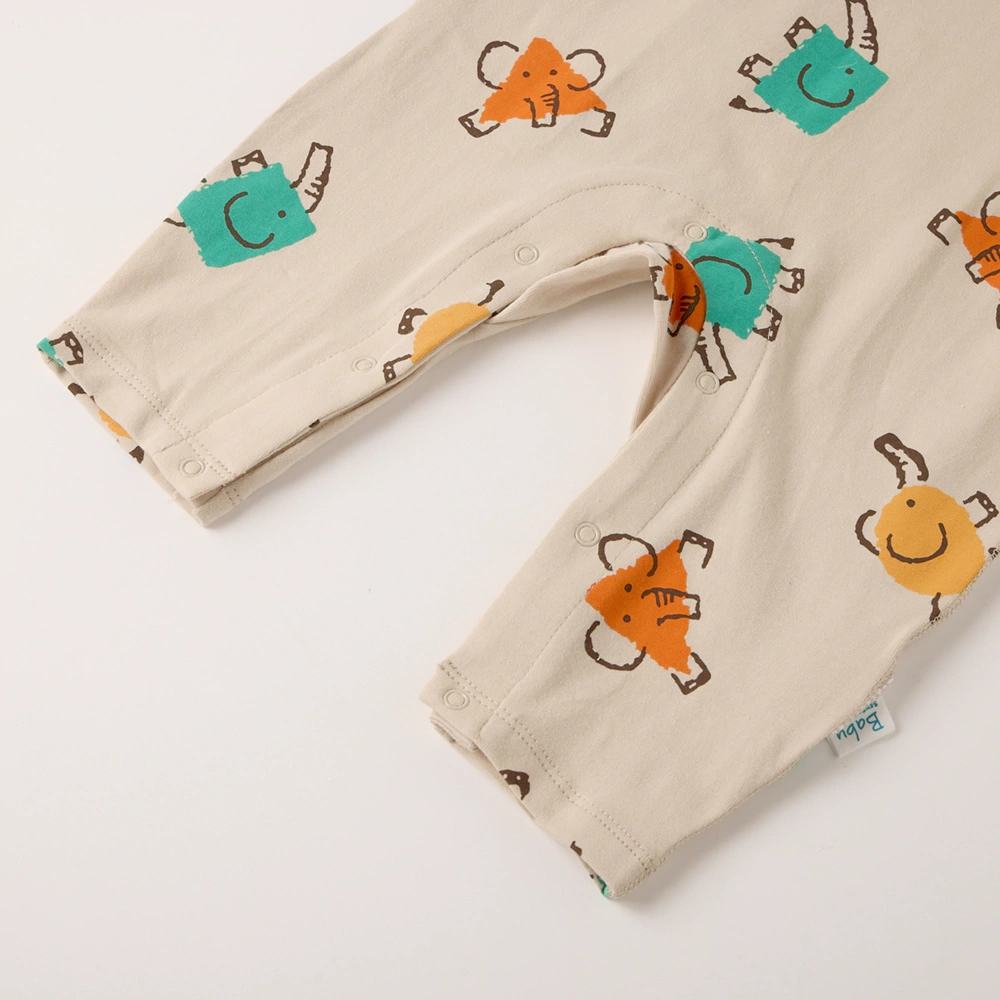 SENSENG APPAREL Baby Elephant Print Full-Body Romper in plant-dyed organic cotton, soft breathable newborn outfit with snap closures