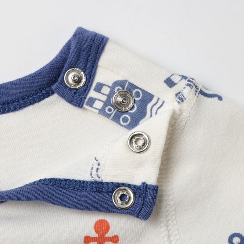 snap leg baby romper shoulder snaps navy trim