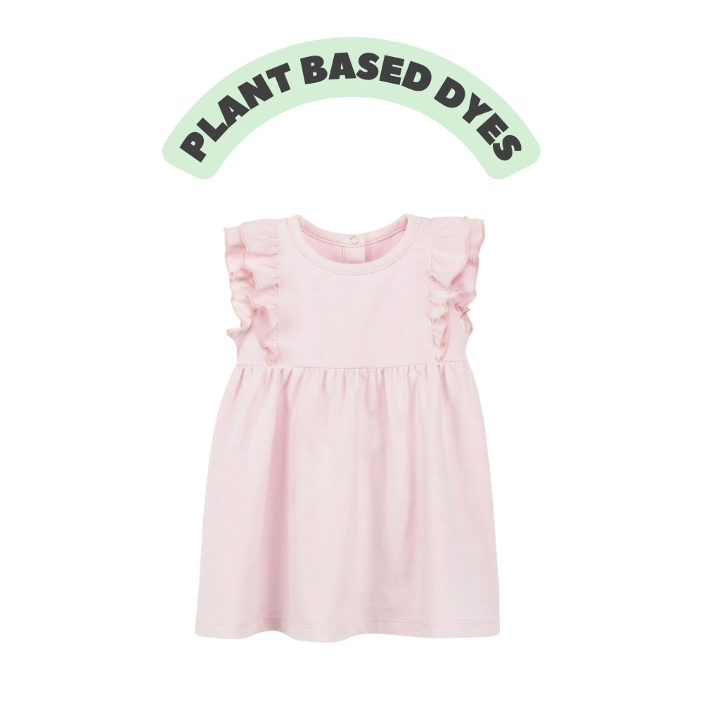 Short sleeve organic cotton baby dress with ruffle details – naturally dyed and eco-friendly