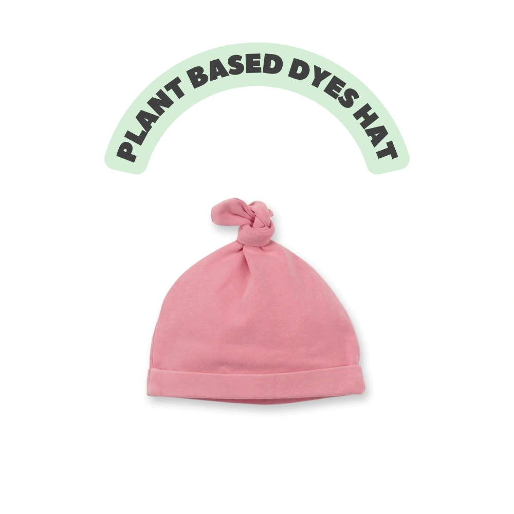 Organic-cotton baby boutique beanie in plant-dyed color with folded ear-cozy cuff 