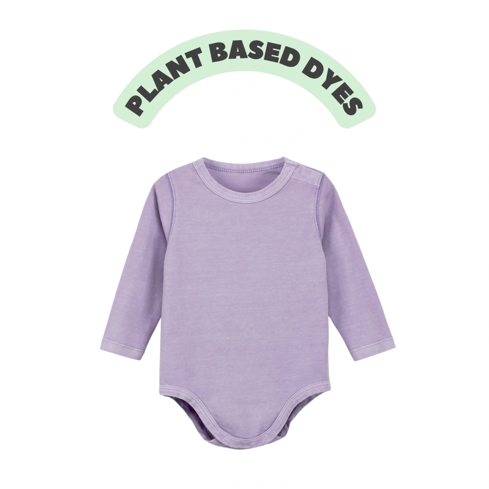 Organic-cotton plant-dyed long sleeve baby bodysuit with snap closure
