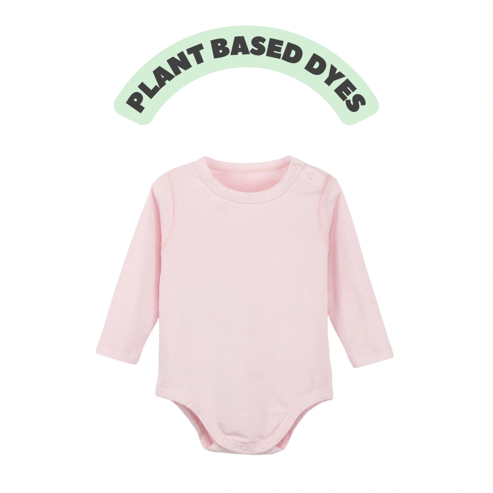 Organic-cotton plant-dyed long sleeve baby bodysuit with snap closure