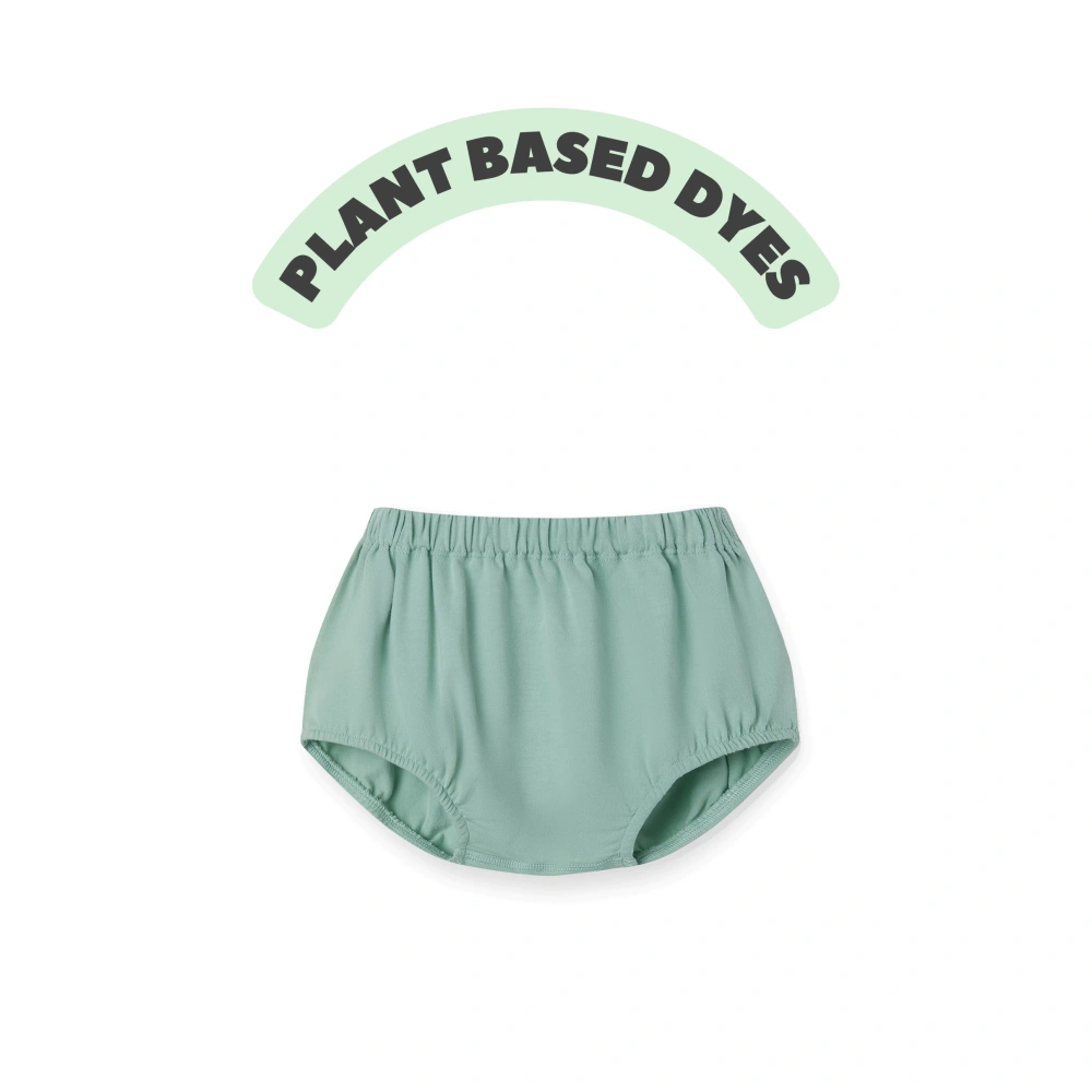 Organic cotton plant-dyed baby bloomer shorts with soft waistband and gathered leg openings