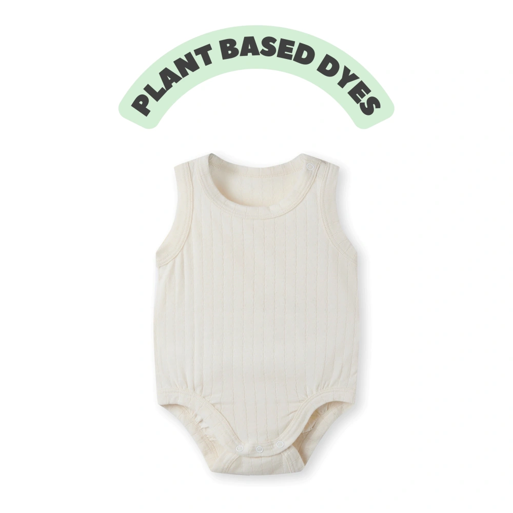 Pointelle sleeveless organic cotton baby bodysuit with plant-based dyes, eco-friendly design for infants 0-18 months