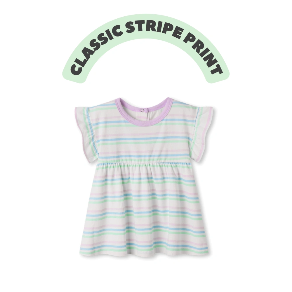 Ruffle-sleeve stripe baby dress, plant-dyed base, water-based stripes