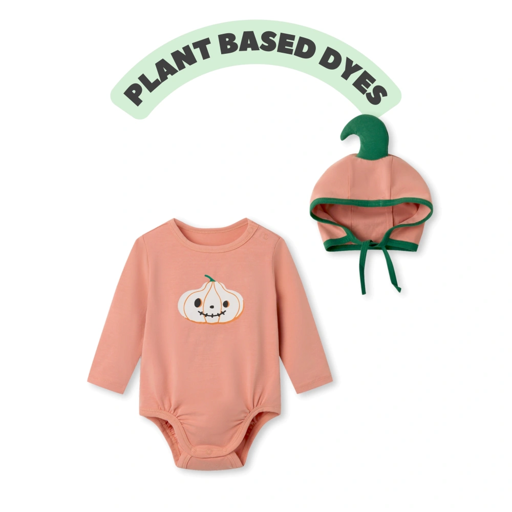 Organic pumpkin baby bodysuit and hat set made with plant-dyed GOTS organic cotton