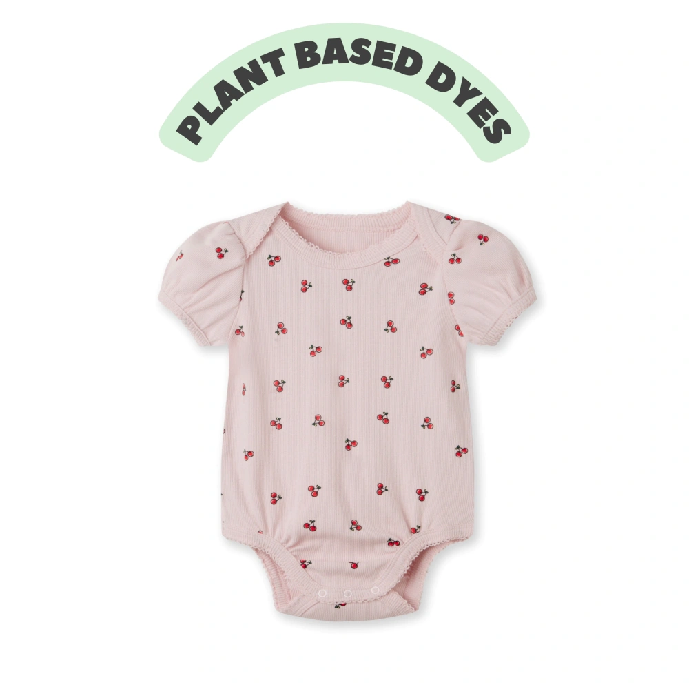 Organic cotton baby girl puff sleeves cherry print bodysuit plant-dyed eco apparel