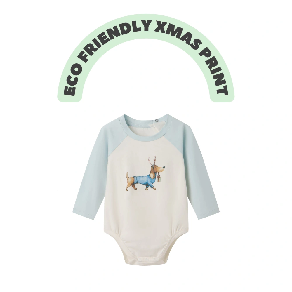 Baby Xmas dog long-sleeve bodysuit in plant-dyed organic cotton yarn