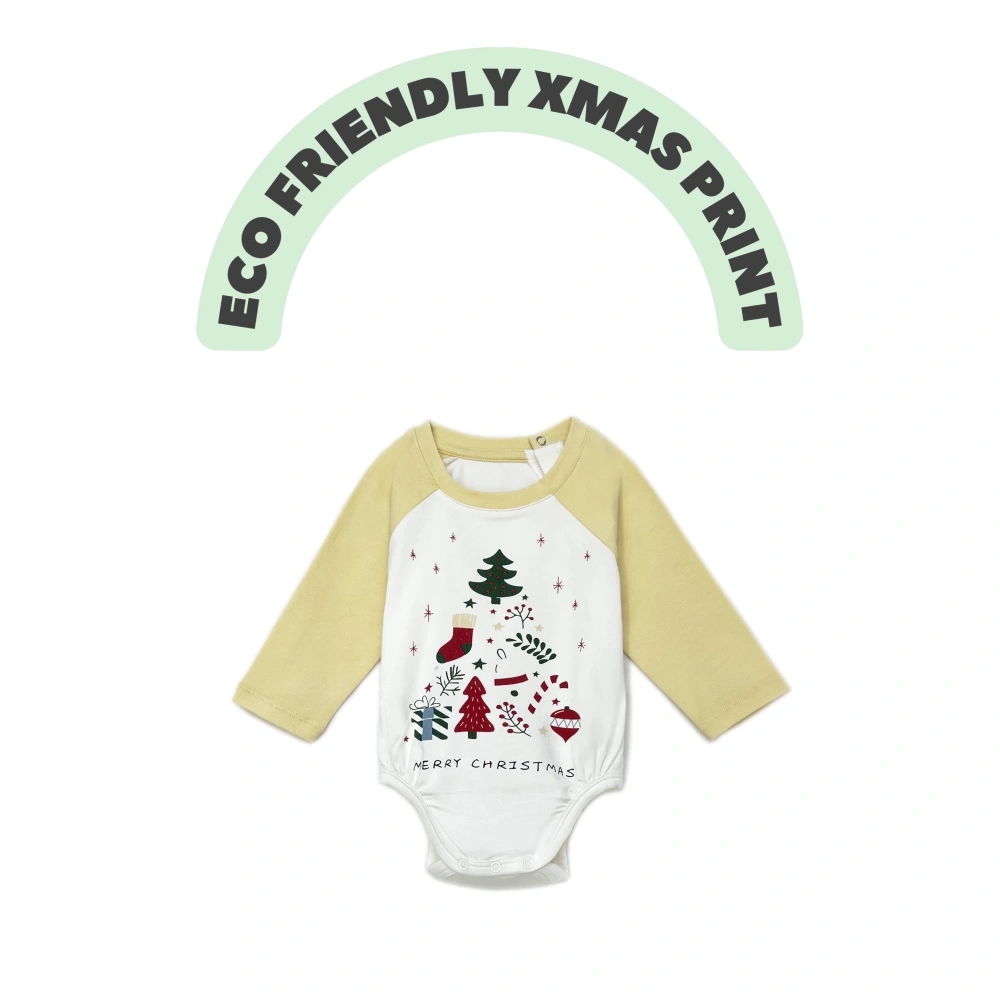 Baby Xmas dog long-sleeve bodysuit in plant-dyed organic cotton yarn