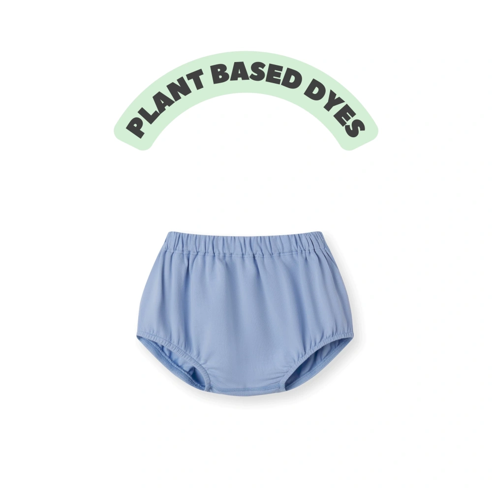Organic cotton plant-dyed baby bloomer shorts with soft waistband and gathered leg openings