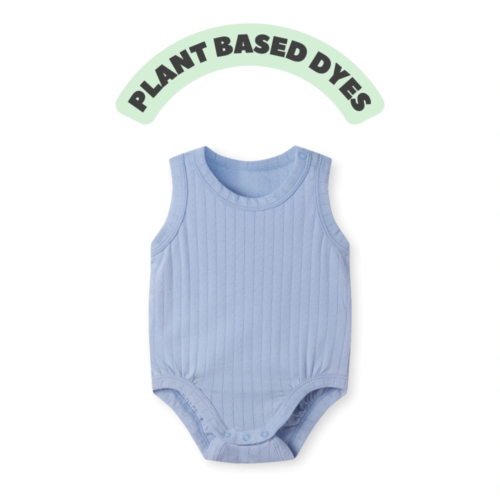 Pointelle sleeveless organic cotton baby bodysuit with plant-based dyes, eco-friendly design for infants 0-18 months