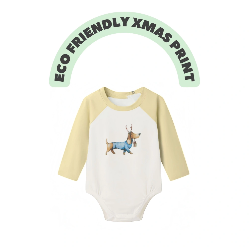 Baby Xmas dog long-sleeve bodysuit in plant-dyed organic cotton yarn