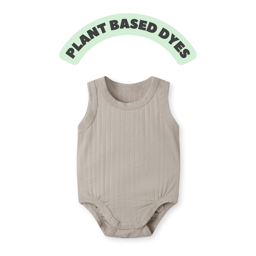 Pointelle sleeveless organic cotton baby bodysuit with plant-based dyes, eco-friendly design for infants 0-18 months